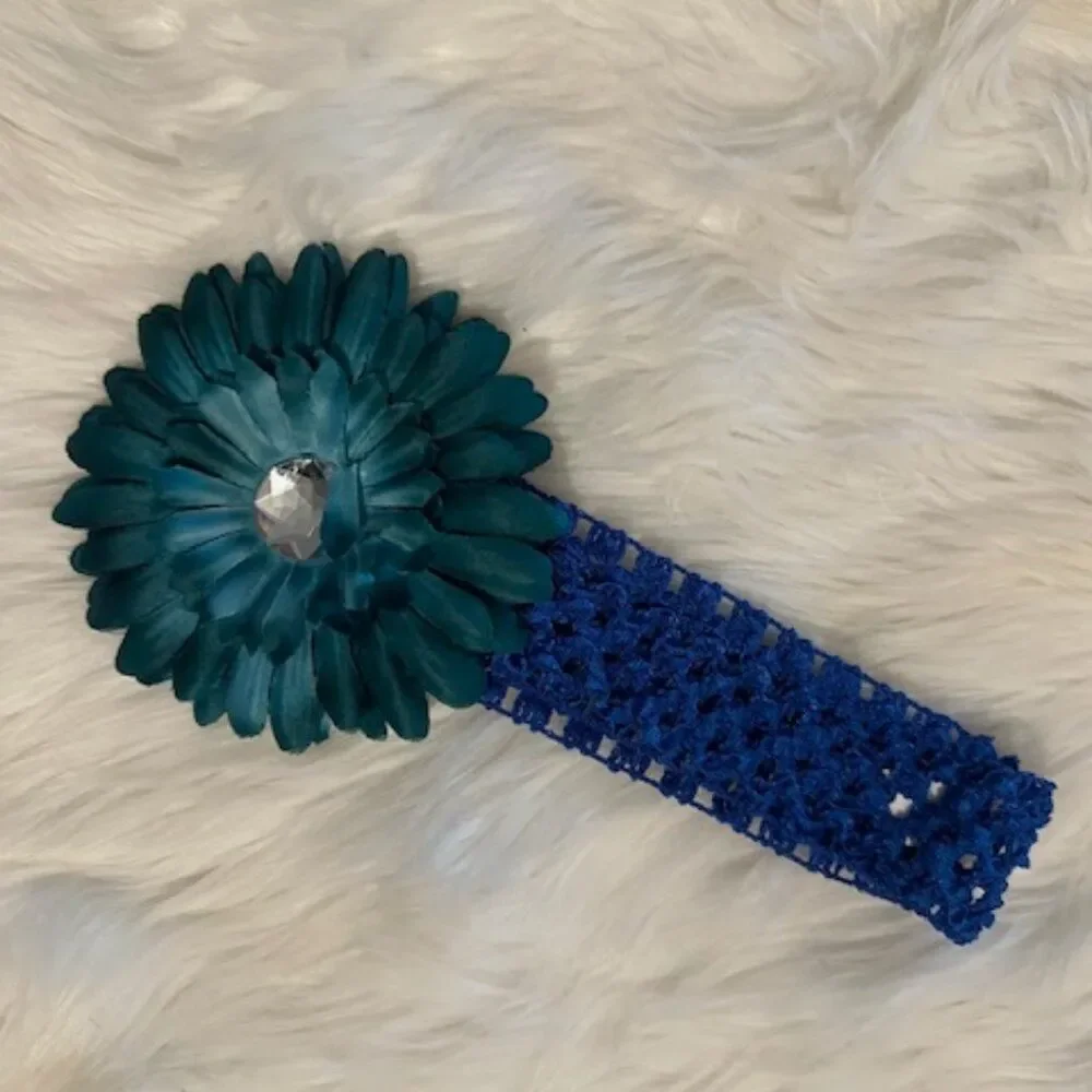 Blue Gerber Daisy on a Wide Waffle Headband  7605  Handmade NWT Boutique